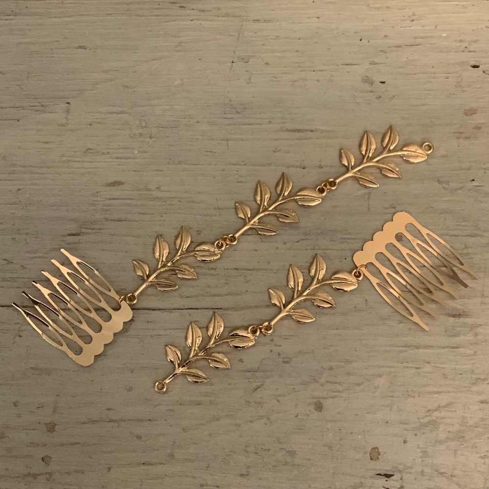 Set of Two Light Gold Toned Dangling Branch w/ Leaves Decorative‎ Hair Combs GC